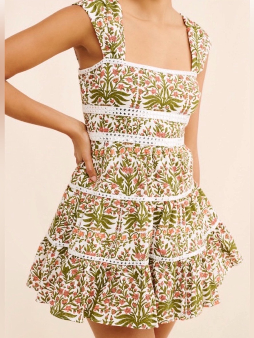 Saylor Floral Cotton Tiered Mini Dress Green Pink Studded Trim
Size M